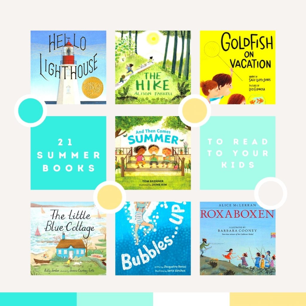 Graphic in bright aqua and yellows with picture books for summer