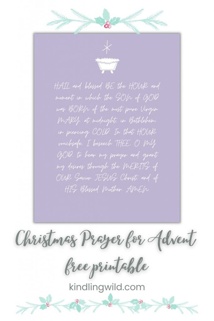 pinterest pin with st andrew christmas prayer on purple background