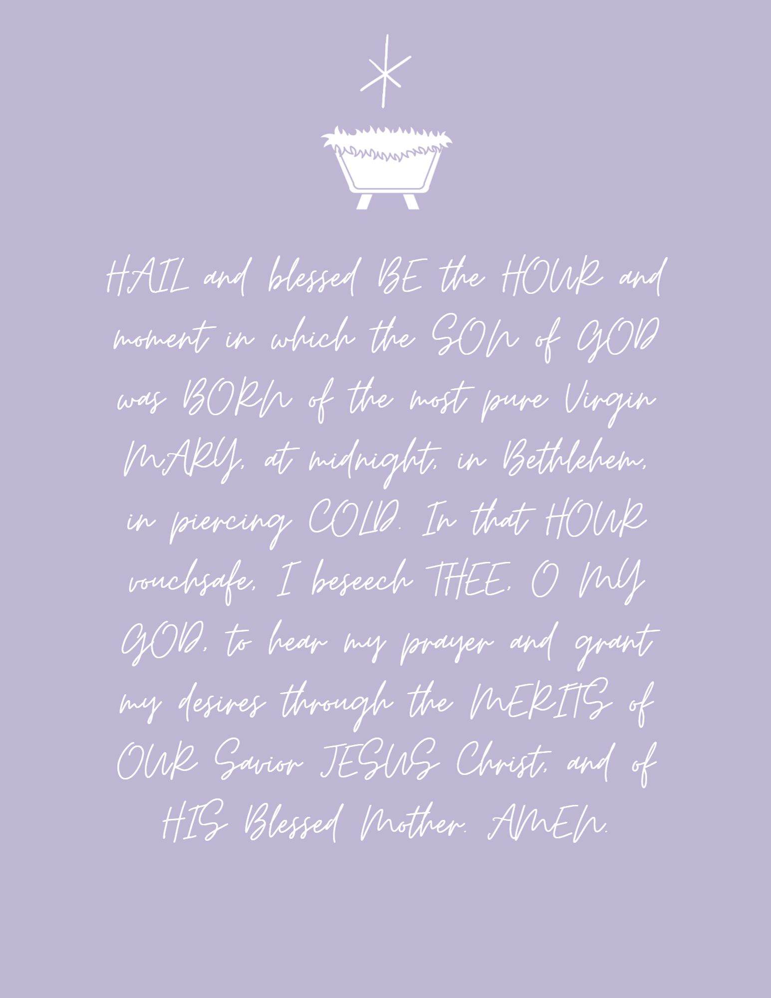 purple printable image of the prayer of st andrew with christmas star and manger in white