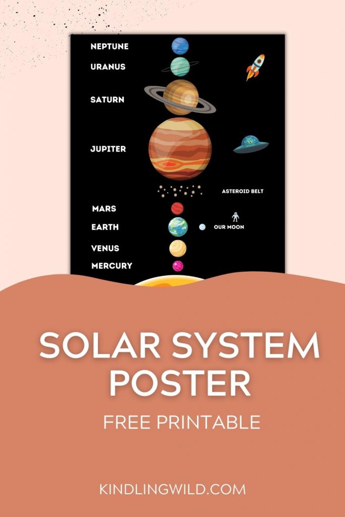 pinterest pin with pink background solar system poster for kids - captioned free printable 