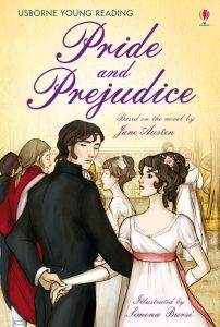 book cover of austen couple dancing at a ball. the woman is wearing a white empire waist dress with a pink ribbon and the man is wearing black and looks distinguished. 