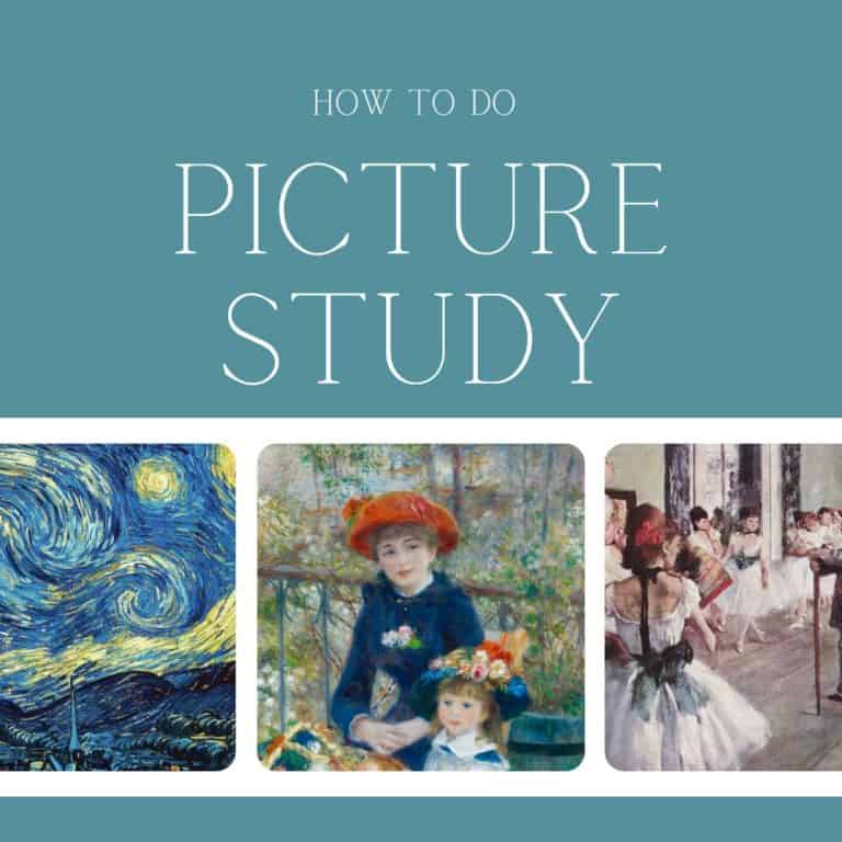 graphic with teal background featuring three famous paintings: starry night by van gogh, two sisters on the terrace by renior, and the ballet class by degas