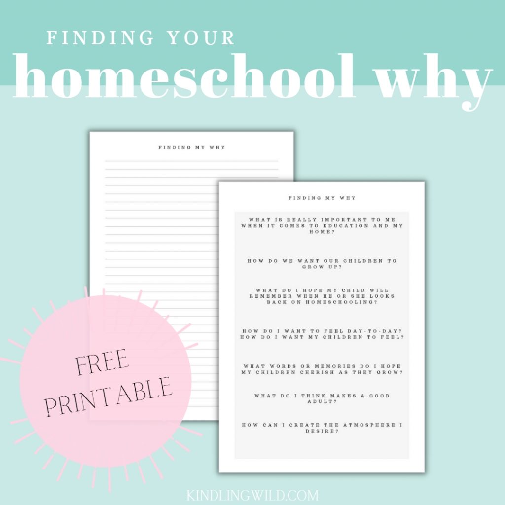 graphic showing free printable journal pages for finding your homeschool why with teal background
