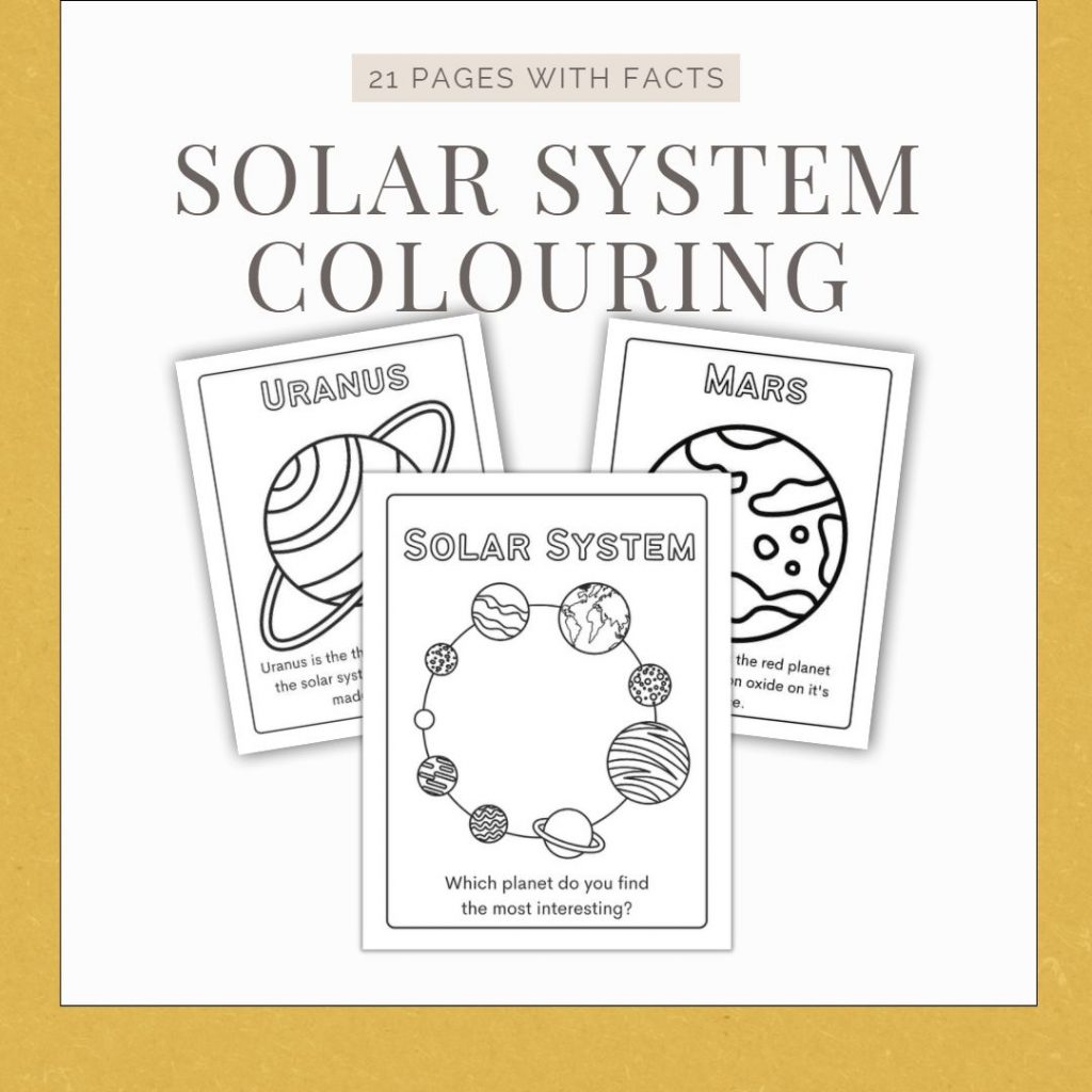 yellow and white mock up of colouring pages for the solar system