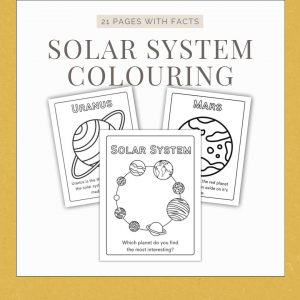 yellow background graphic showing some solar system colouringpages