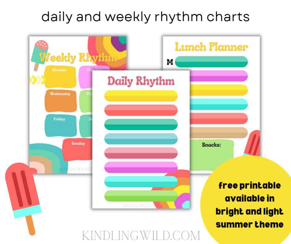 graphic showing bright summer rhythm pages: weekly, daily, and lunch with popsicle theme