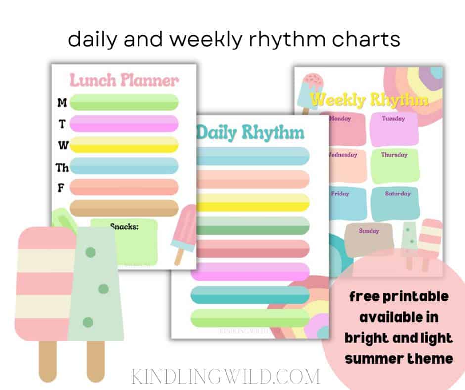 graphic showing pastel summer rhythm pages: weekly, daily, and lunch