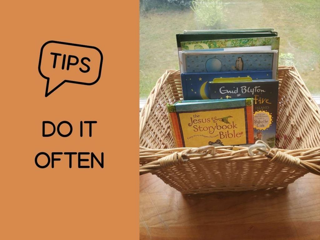 basket of children's books sitting on a  wooden table with "tips" do it often" 