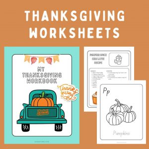 thanksgiving worksheet image graphic with teal truck full of a big orange pumpkin