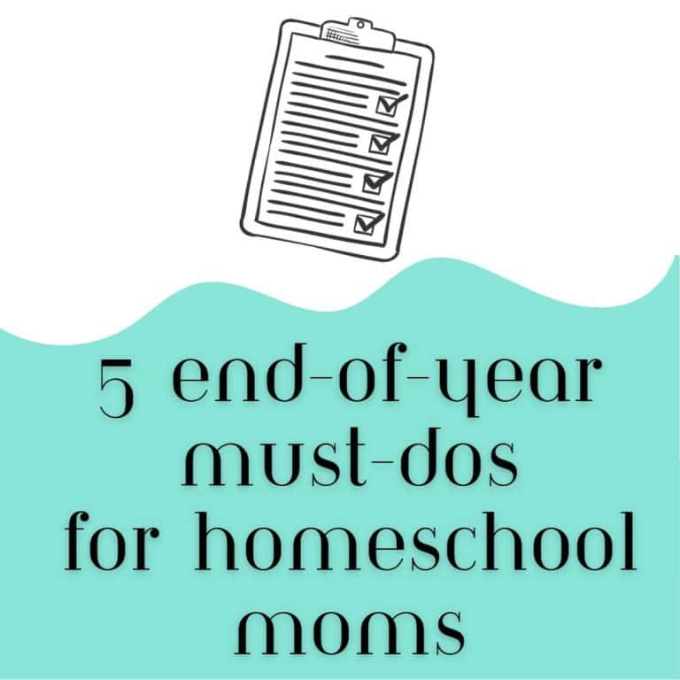 graphic with a white background and teal waves below. a checklist above and the caption "5 end-of-year must-dos for homeschool moms"