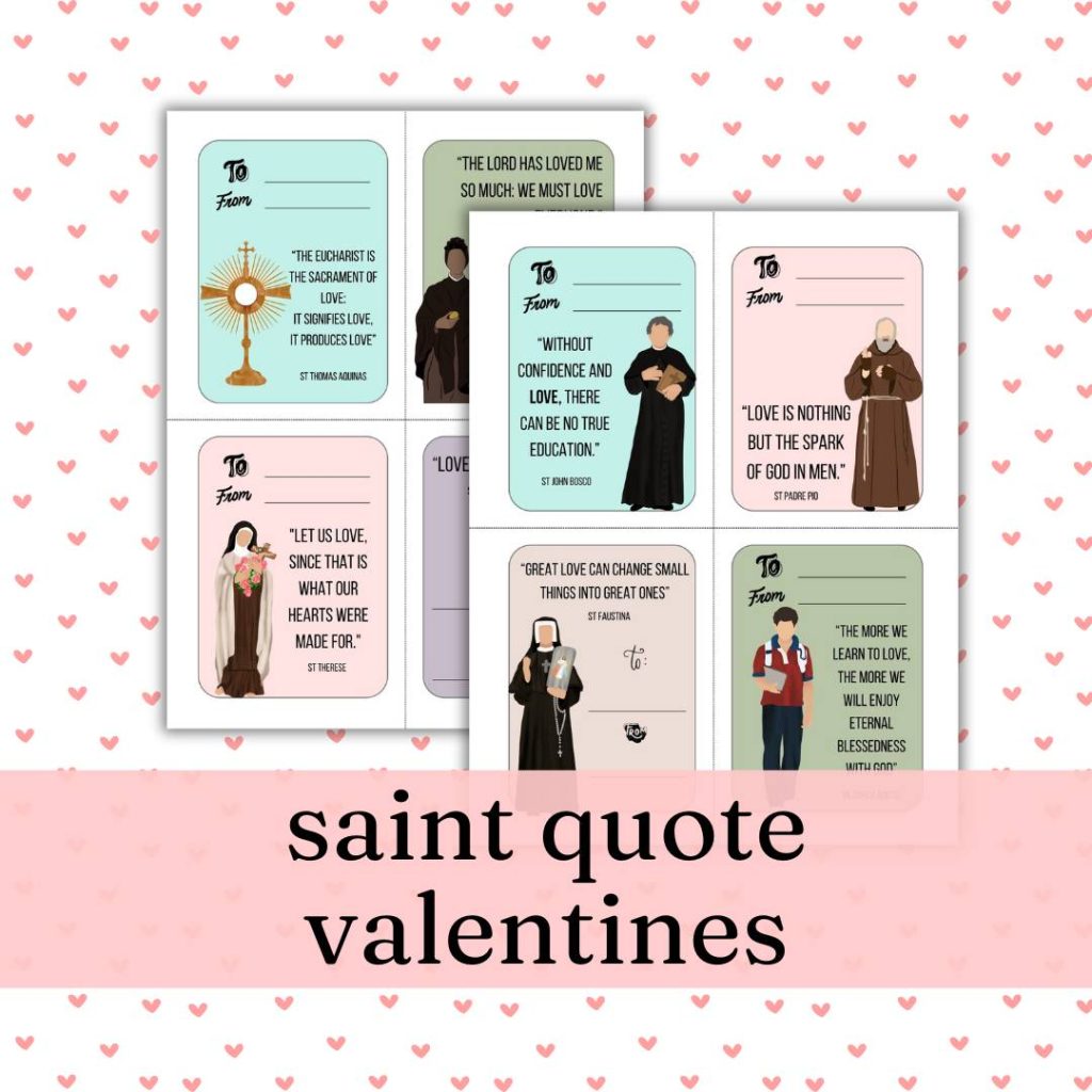 white graphic with tiny pink hearts and my saint card printables