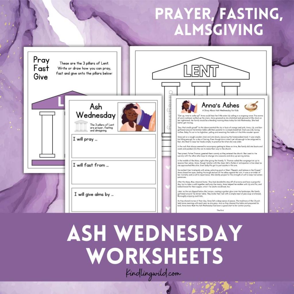 ash wednesday worksheets on purple marbled background