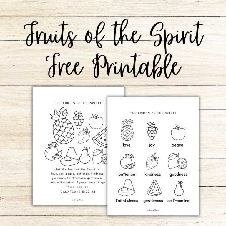 two fruits of the spirit colouring pages on a wood background