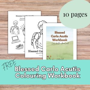 wood background with 3 pages of the blessed carlo workbook and a banner across with the title