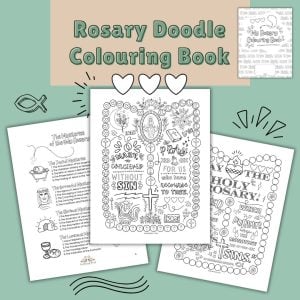 Rosary Colouring Book sample pages on green background