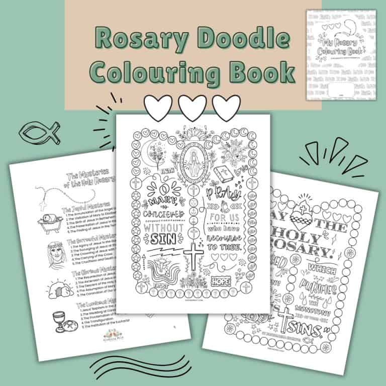 Rosary Colouring Book sample pages on green background