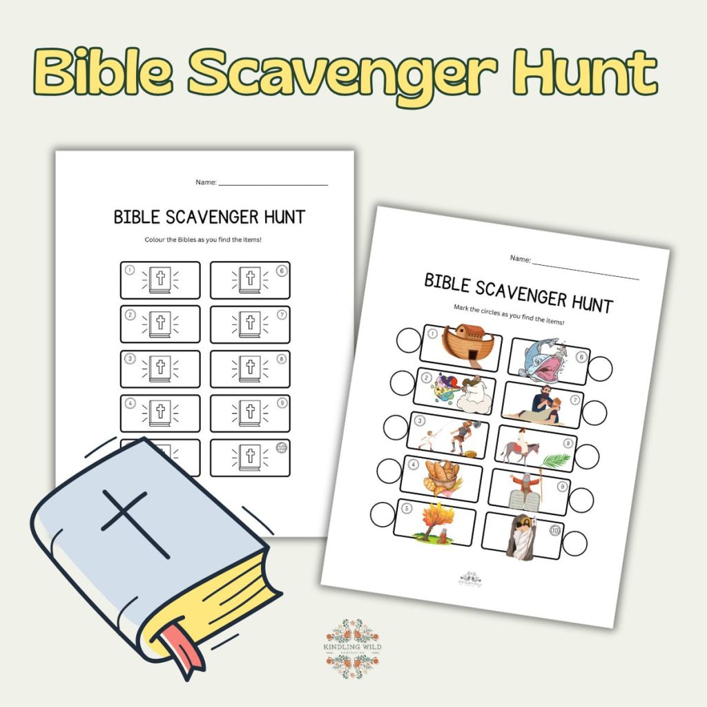 two printable bible scavenger hunt pages, one black and white and one colour