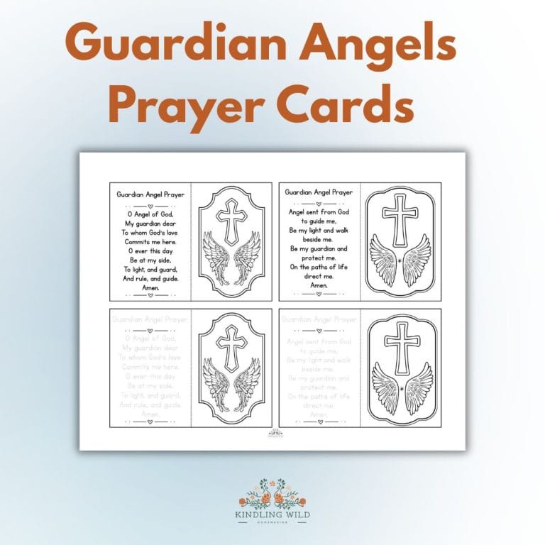 Peaceful prayer cards featuring guardian angel and biblical cross imagery for spiritual comfort and protection.