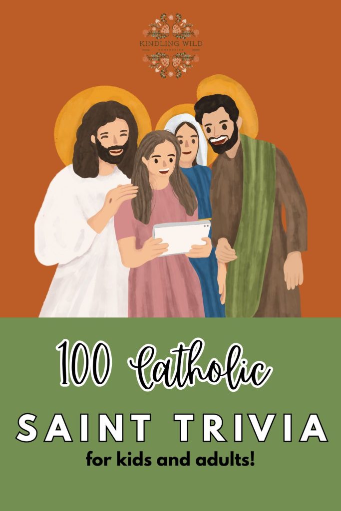 Saint trivia graphic with Jesus and saints looking at an ipad