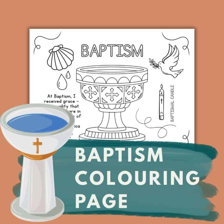 Vulnerable altar with baptism chalice and dove illustration for children's religious activity marking baptism.