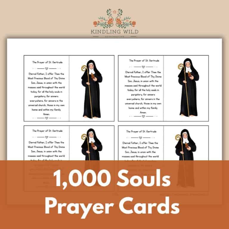 Prayer card featuring St. Gertrude with religious imagery and prayer text for spiritual devotion.