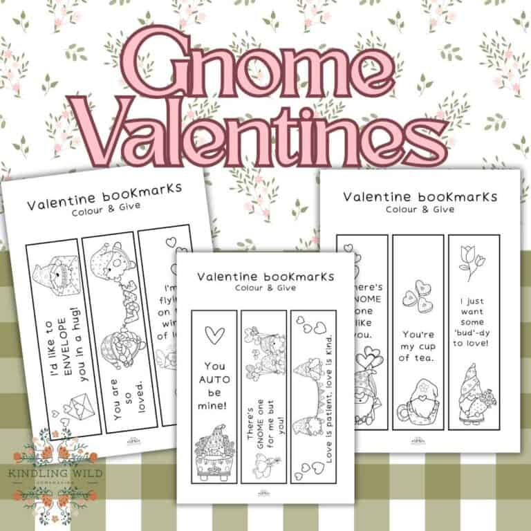 gnome valentines bookmarks on floral background