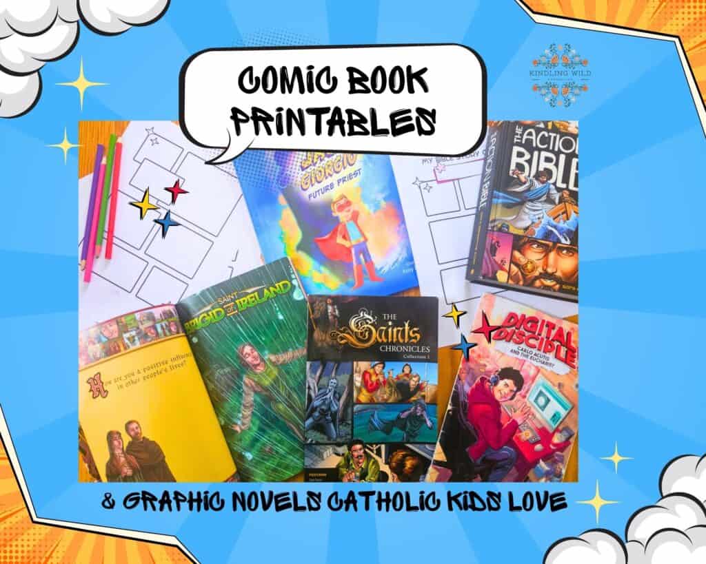 flat lay of various bible and saint comic books for kids