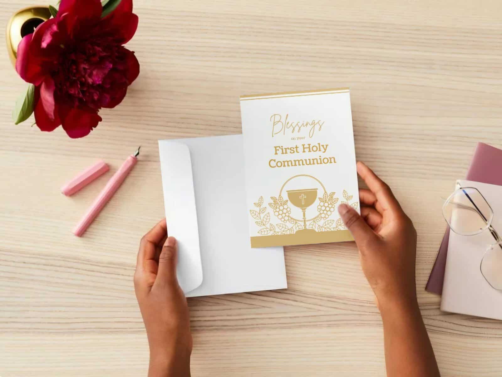 hands putting a first communion card into an envelope