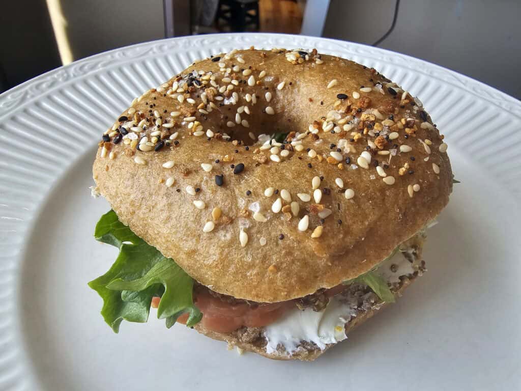seedy einkorn bagel sandwich