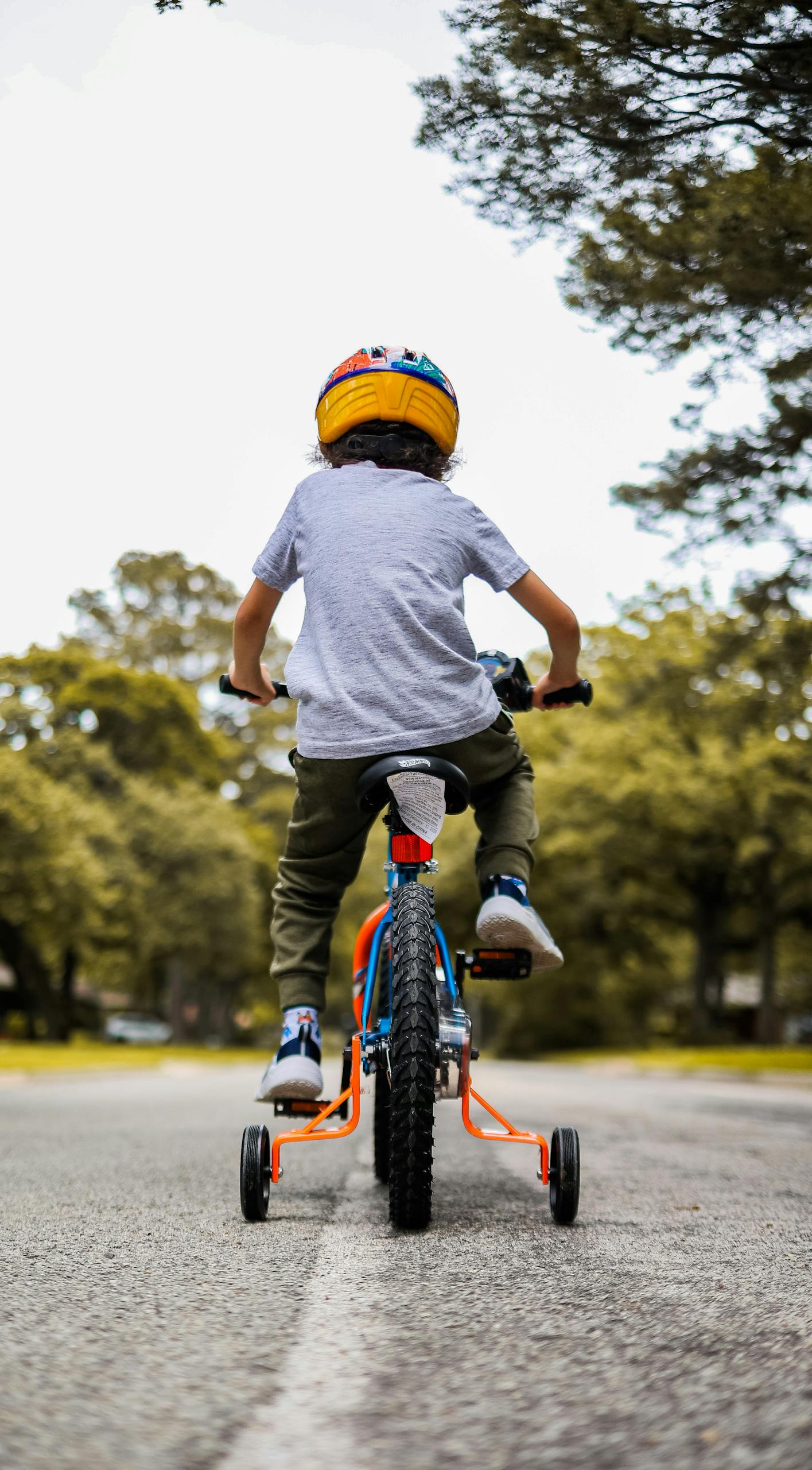 A young boy riding a bicycle with training wheels outdoors on a sunny day.