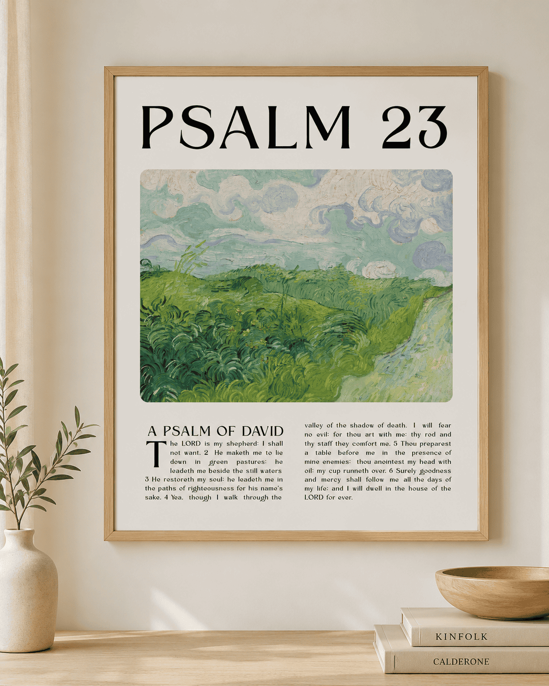 Psalm 23 printable wall art featuring Van Gogh's landscape painting for Christian home decor.