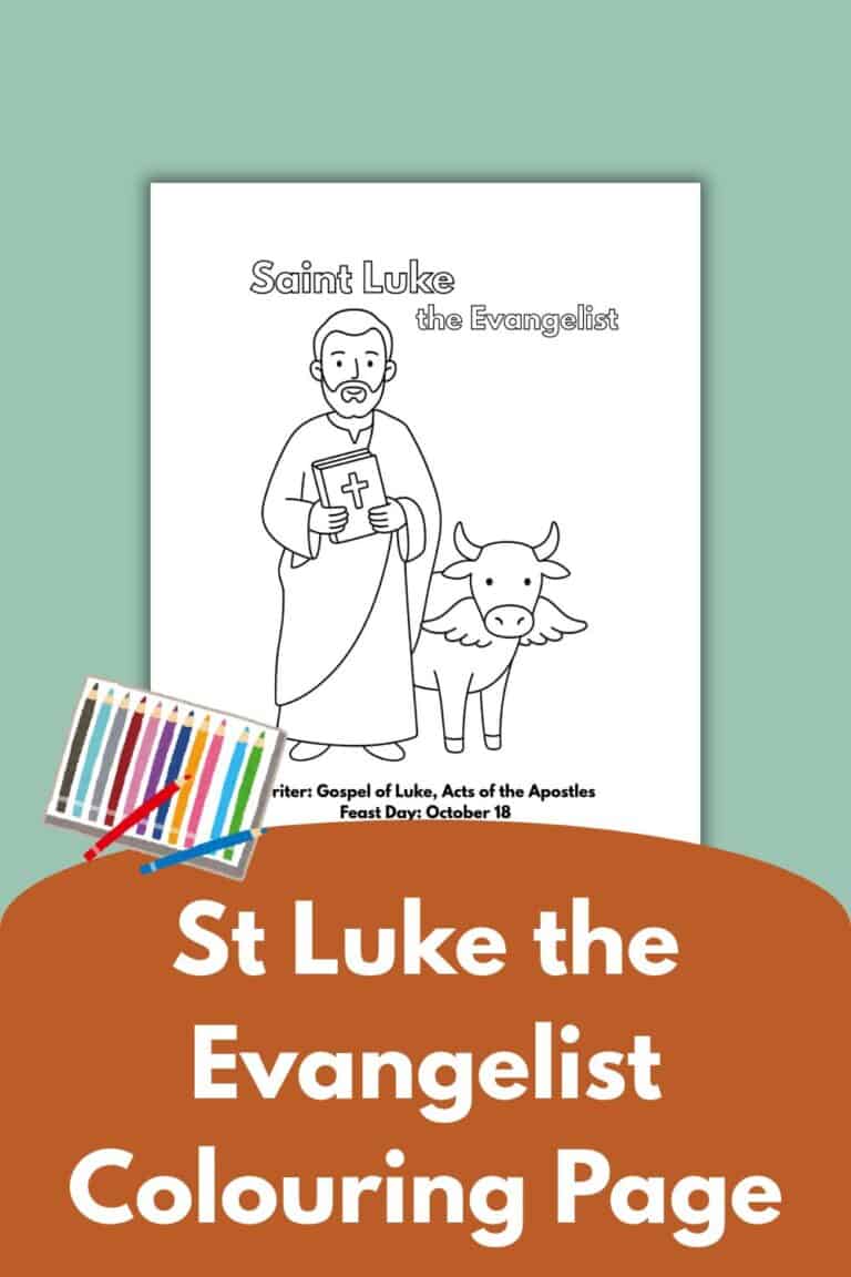 St. Luke the Evangelist coloring page with a cartoon depiction of St. Luke and a bull.