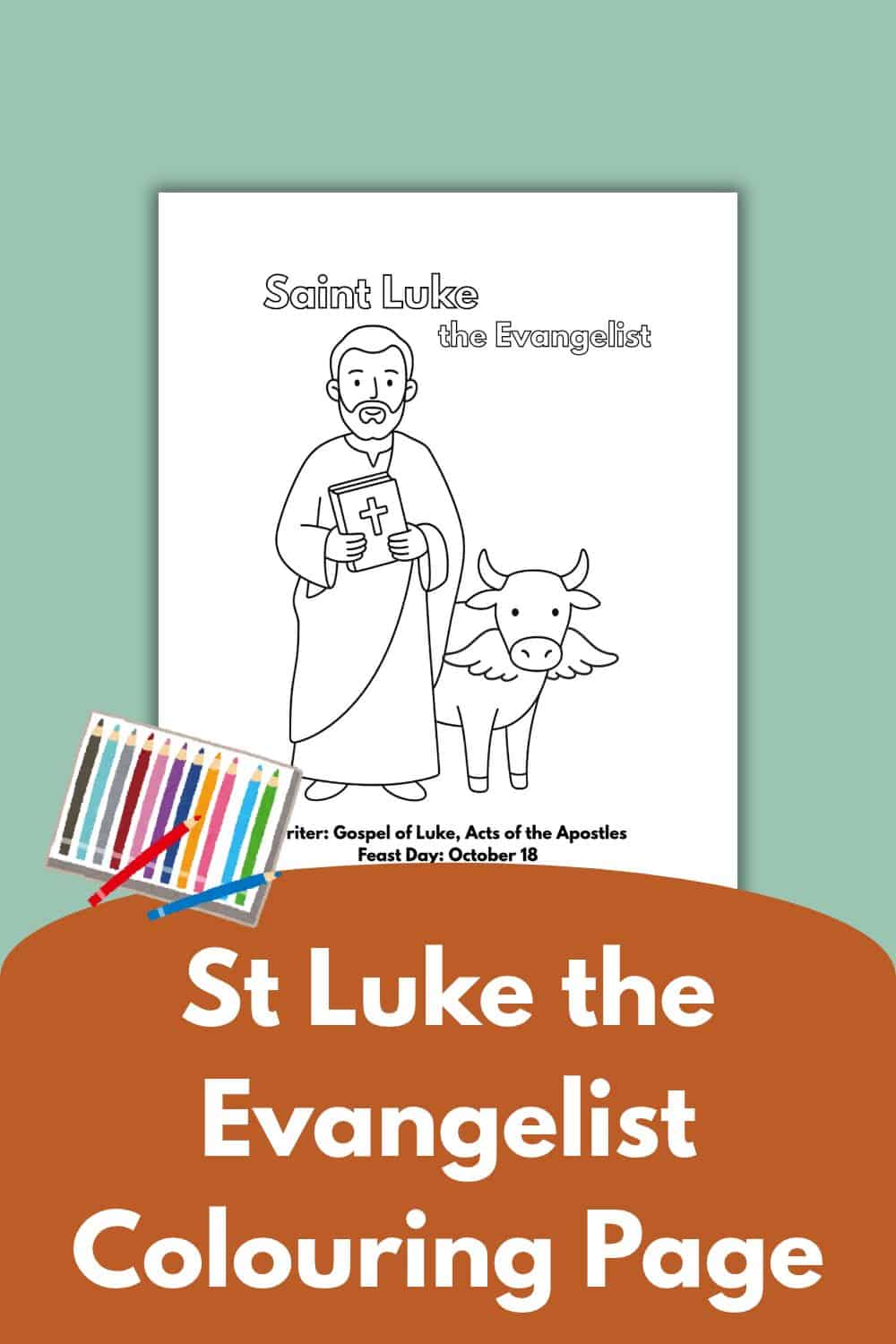 St. Luke the Evangelist coloring page with a cartoon depiction of St. Luke and a bull.